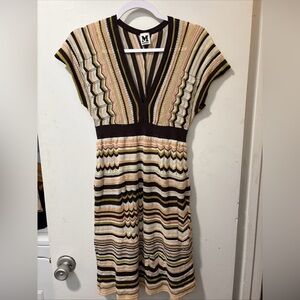 Missoni Chevron Striped Knit Midi S/S V-neck Dress Pink Brown Italy Size 44 US 8